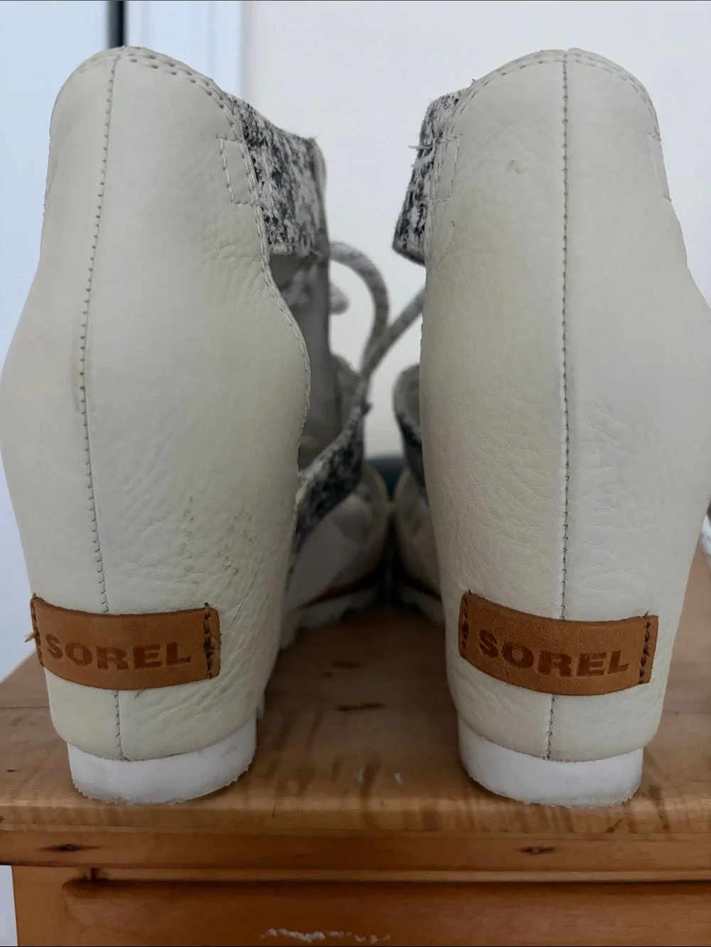 Sorel Cream Leather Wedge Sandals with Tan Logo Patch